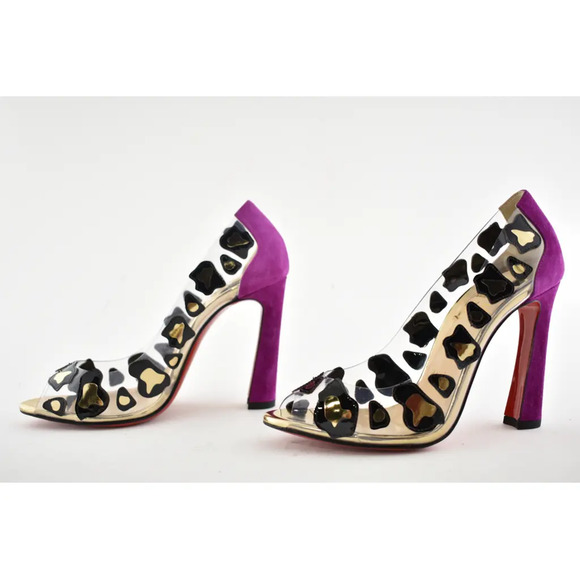 Christian Louboutin Parsefal 100 Black Gold PVC Patent Sandal Heel Pump 37.5 - Picture 9 of 12